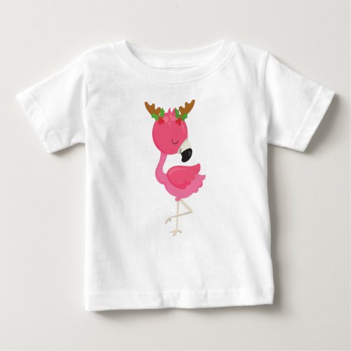 Christmas Flamingo Pink Flamingo Antlers Bird Baby T_Shirt