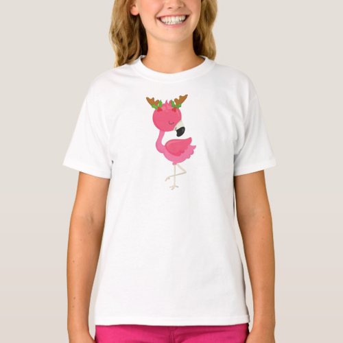 Christmas Flamingo Pink Flamingo Antlers Bird T_Shirt
