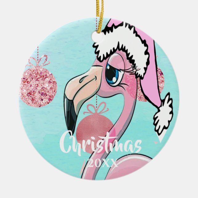 Christmas Flamingo Santa Hat Blue Pink Girly Cute Ceramic Ornament (Front)