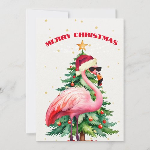 Christmas Flamingo Santa Hat Gold Greeting  Invitation