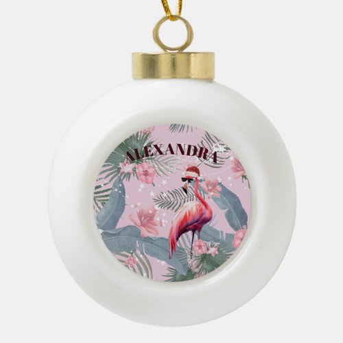Christmas Flamingo Santa Hat Tropical  Ceramic Ball Christmas Ornament