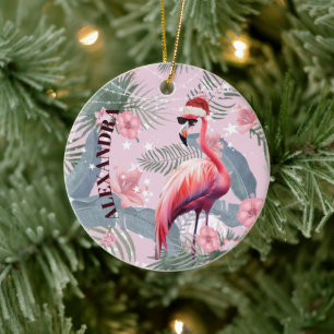 Christmas Flamingo Santa Hat Tropical Ceramic Ornament