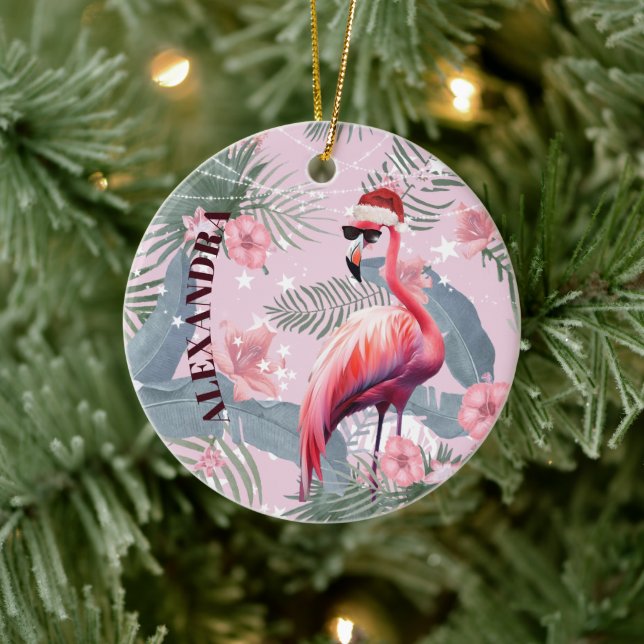 Christmas Flamingo Santa Hat Tropical  Ceramic Ornament (Tree)