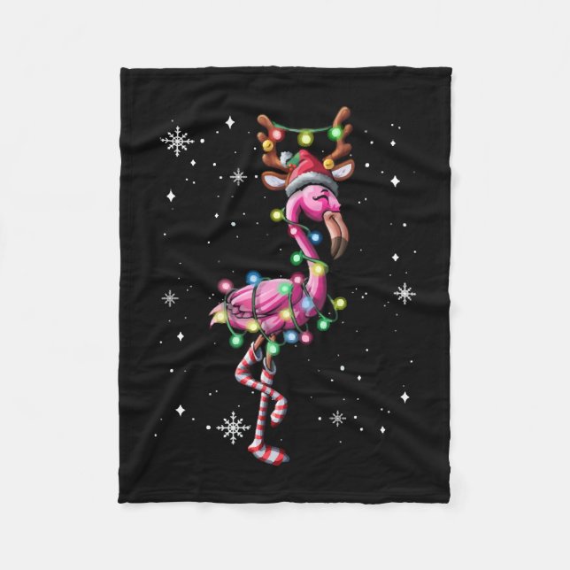 Christmas Flamingo Santa Hat Xmas Lights Flamingo Fleece Blanket (Front)