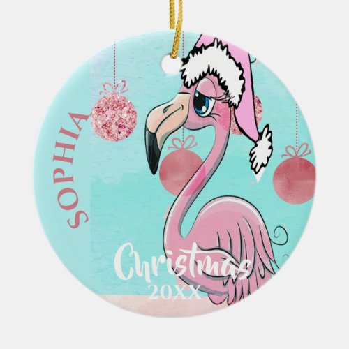 Christmas Flamingo Santa Photo Blue Pink  Cute Ceramic Ornament