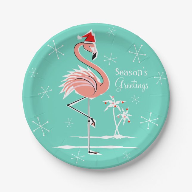 Christmas Flamingo Season's Greetings paper plate (Front)
