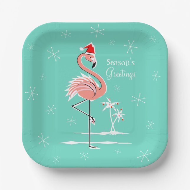 Christmas Flamingo Season's Greetings square Paper Plates (Front)