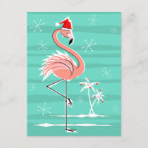 Christmas Flamingo Stripe aqua back postcard