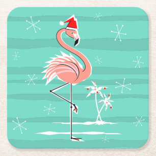 Christmas Flamingo Stripe coaster square