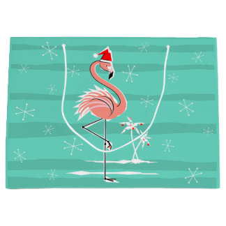 Christmas Flamingo Stripe large gift bag