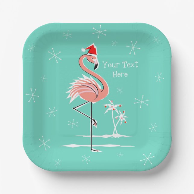 Christmas Flamingo Text square Paper Plates (Front)