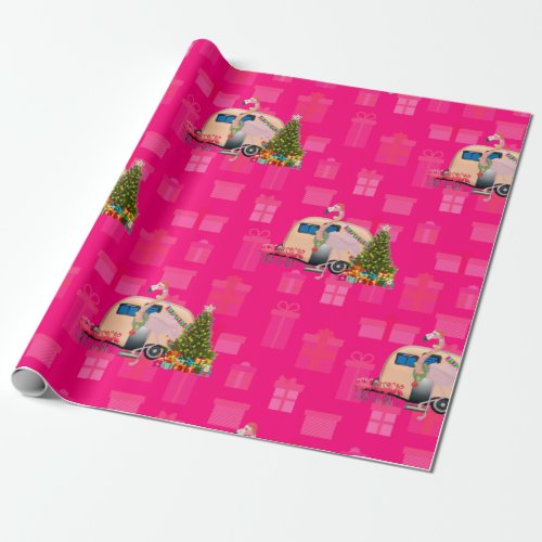 christmas flamingo trailer wrapping paper
