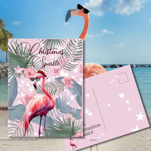 Christmas Flamingo Tropical Lights Greeting  Postcard