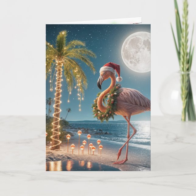 Christmas Flamingo Wearing a Santa Hat Card (Front)