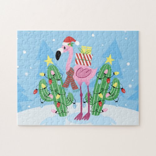 Christmas Flamingo with Cactus Jigsaw Puzzle