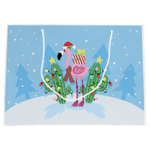 Christmas Flamingo with Cactus Large Gift Bag