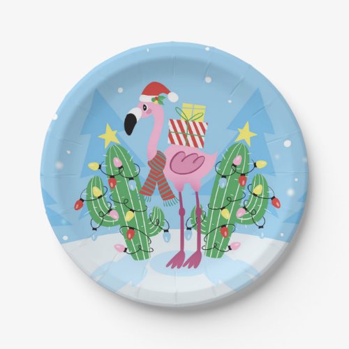 Christmas Flamingo with Cactus Paper Plates