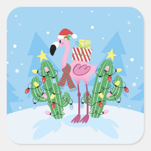 Christmas Flamingo with Cactus Square Sticker