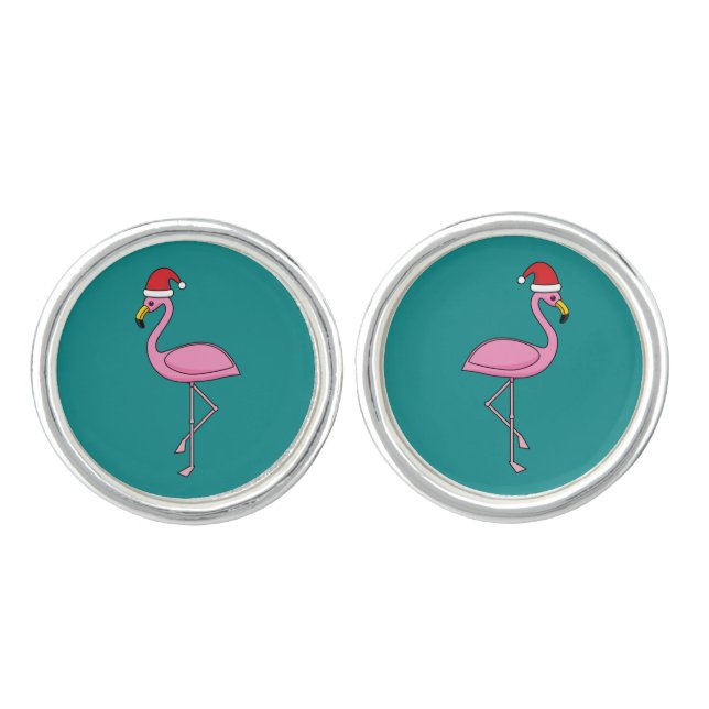 Christmas Flamingo with Santa Hat Cufflinks (Front)