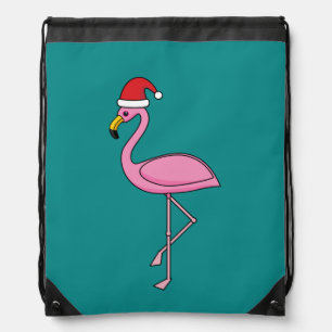 Christmas Flamingo with Santa Hat Drawstring Bag