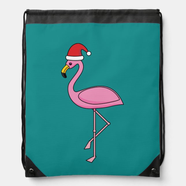 Christmas Flamingo with Santa Hat Drawstring Bag (Front)