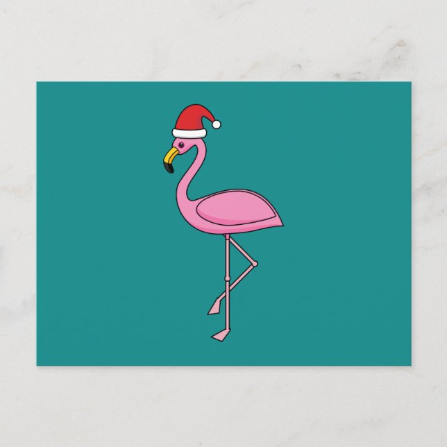 Christmas Flamingo with Santa Hat Holiday Postcard (Front)