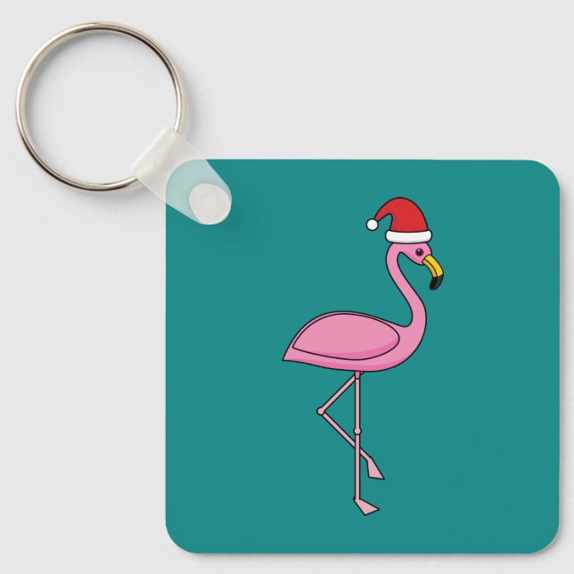 Christmas Flamingo with Santa Hat Keychain (Front)