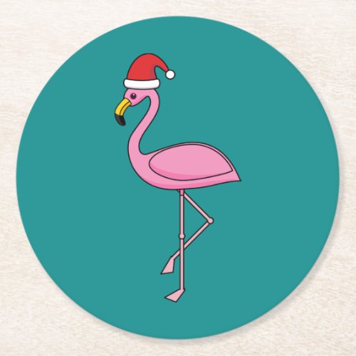 Christmas Flamingo with Santa Hat Round Paper Coaster