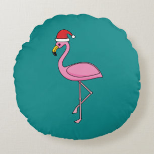 Christmas Flamingo with Santa Hat Round Pillow
