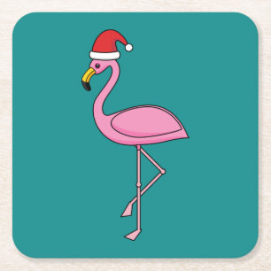 Christmas Flamingo with Santa Hat Square Paper Coaster