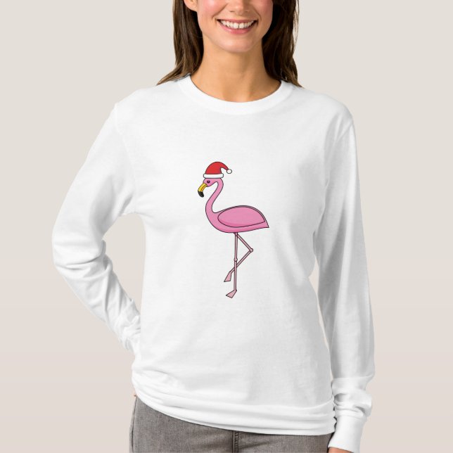 Christmas Flamingo with Santa Hat T-Shirt (Front)