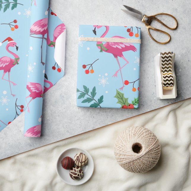 Christmas flamingos and holly on blue pattern wrapping paper (Crafts)