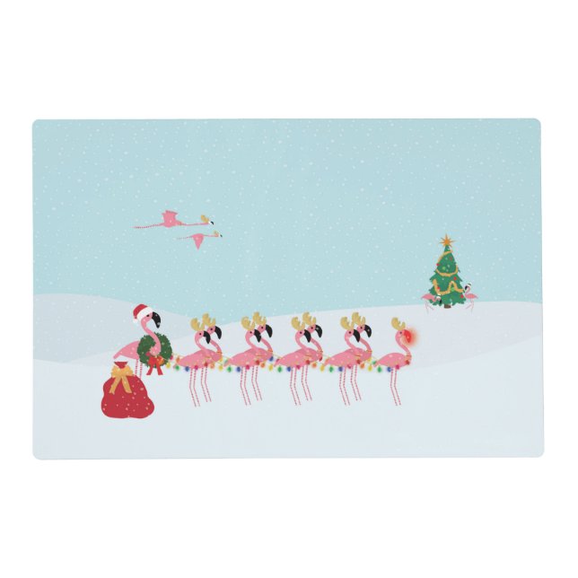 Christmas Flamingos Holiday Holly Placemat (Front)