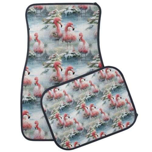 Christmas flamingos in the winter car floor mat