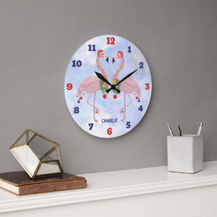 Christmas Flamingos Large Clock