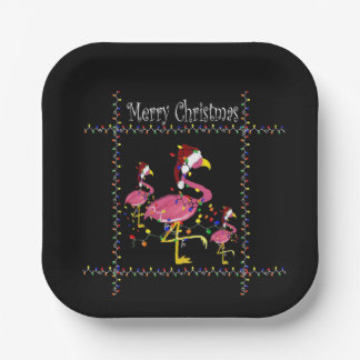 Christmas flamingos with Holiday lights on black  Paper Plates