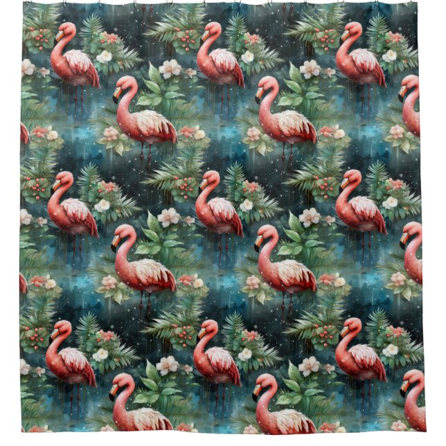Christmas Flamingos with mistletoe Shower Curtain (Front)