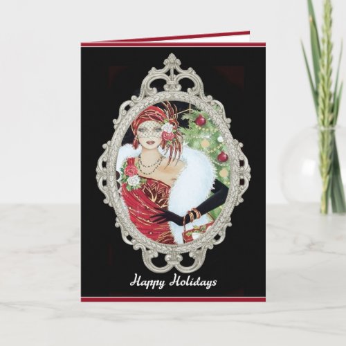 Christmas Flapper Girl Dazzling Red and Gold Dress Holiday Card