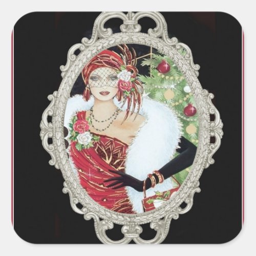 Christmas Flapper Girl Dazzling Red and Gold Dress Square Sticker