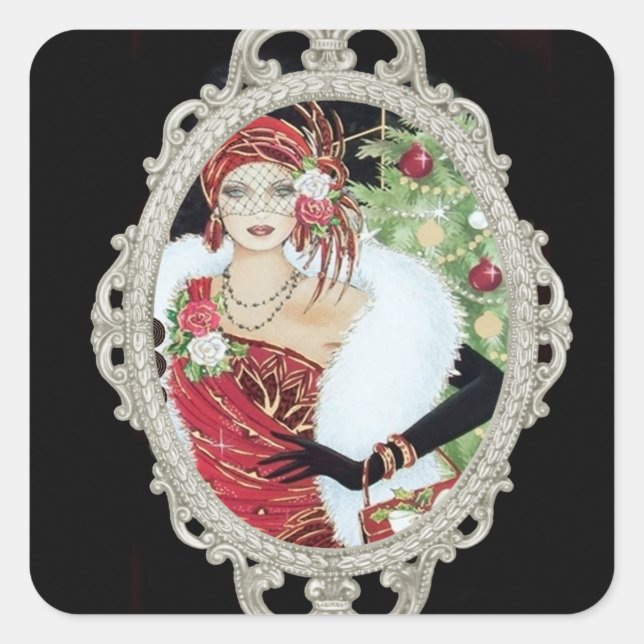 Christmas Flapper Girl Dazzling Red and Gold Dress Square Sticker (Front)