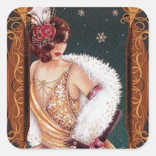 Christmas Flapper Girl in a Gold Glittery Dress  Square Sticker