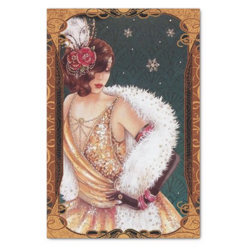 Christmas Flapper Girl in a Gold Glittery Dress  Tissue Paper