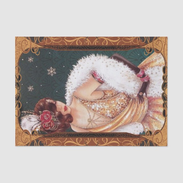 Christmas Flapper Girl in a Gold Glittery Dress  Tissue Paper (Front)