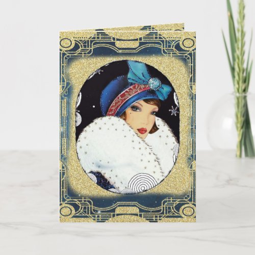 Christmas Flapper Girl Large White Fur Coat Holiday Card