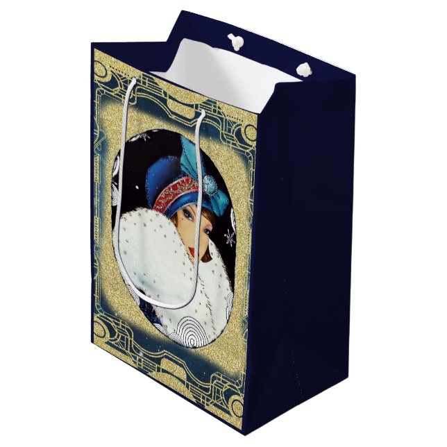 Christmas Flapper Girl Large White Fur Coat Medium Gift Bag (Front Angled)