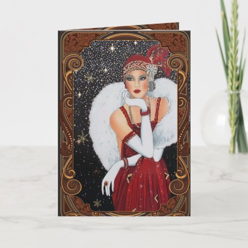 Christmas Flapper Girl Star_Drenched Night Sky Holiday Card