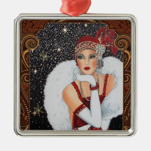Christmas Flapper Girl Star-Drenched Night Sky Metal Ornament