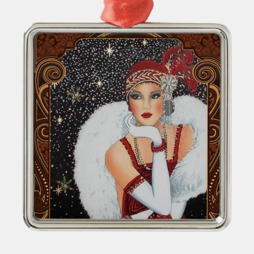 Christmas Flapper Girl Star_Drenched Night Sky Metal Ornament