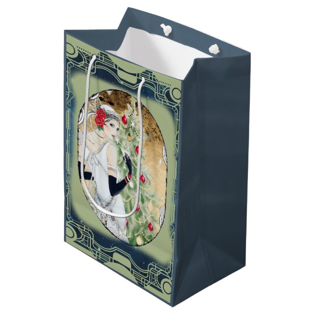 Christmas Flapper Girl With Drink and Tree Medium Gift Bag (Front Angled)