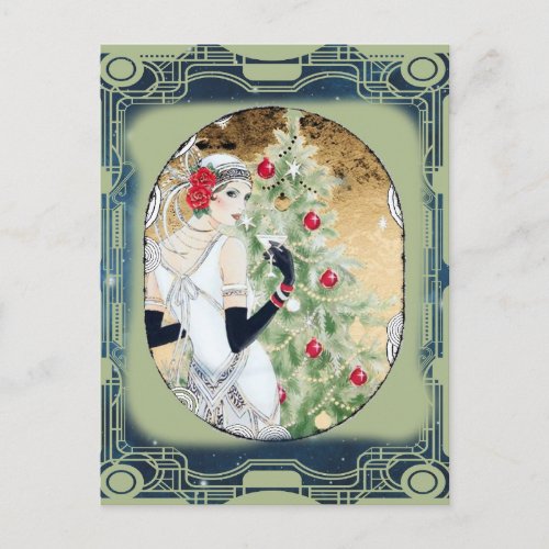 Christmas Flapper Girl With Drink and Tree Postcard